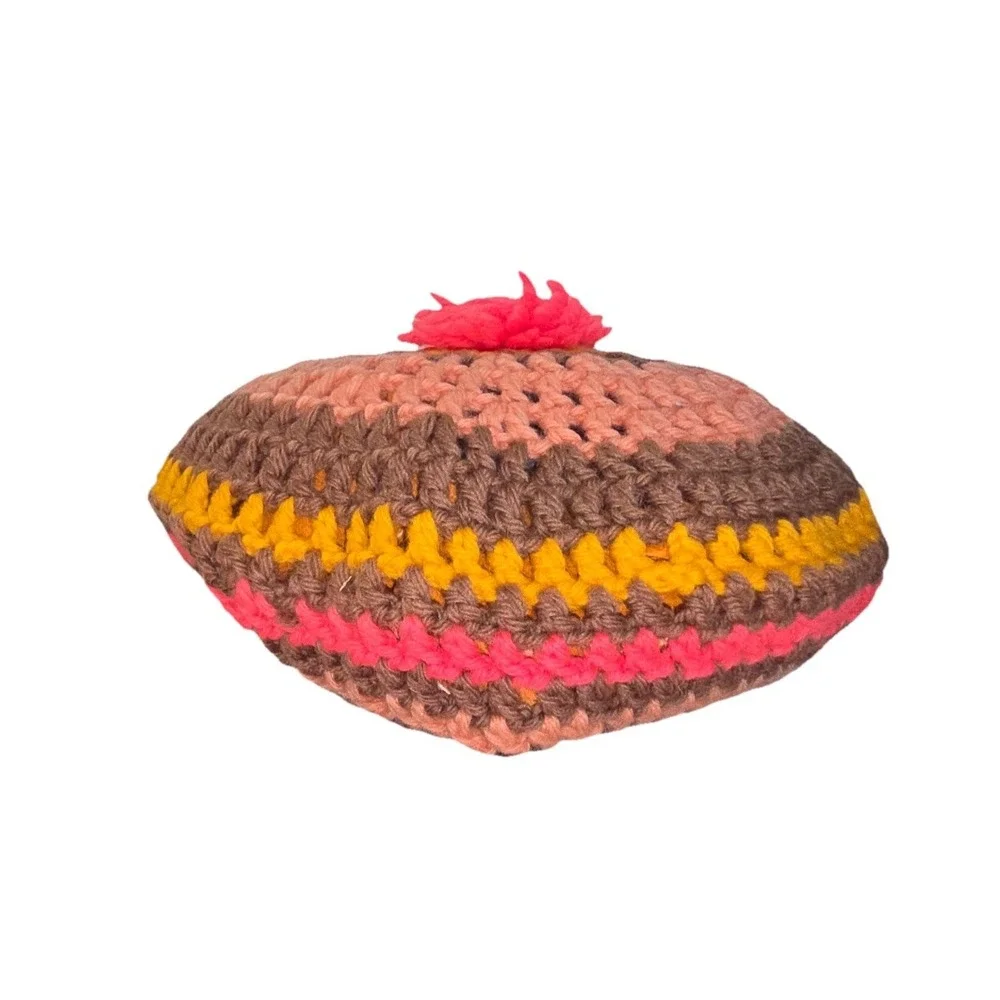 Vtg Crochet Beret Hat Women's OS Pink Brown Yellow Handmade Pom Hand Knit NEW